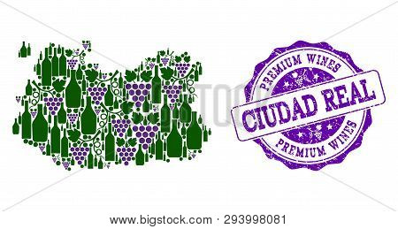 Vector Collage Of Grape Wine Map Of Ciudad Real Province And Purple Grunge Seal For Premium Wines Aw