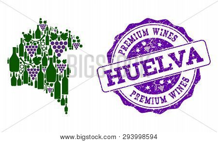 Vector Collage Of Grape Wine Map Of Huelva Province And Purple Grunge Seal Stamp For Premium Wines A