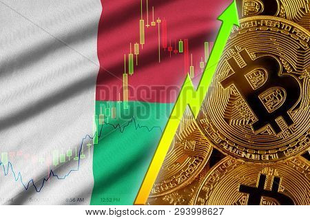 Madagascar Flag And Cryptocurrency Growing Trend With Many Golden Bitcoins