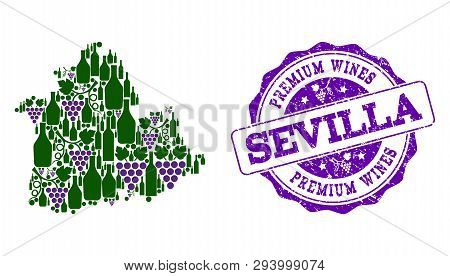 Vector Collage Of Grape Wine Map Of Sevilla Province And Purple Grunge Seal Stamp For Premium Wines 