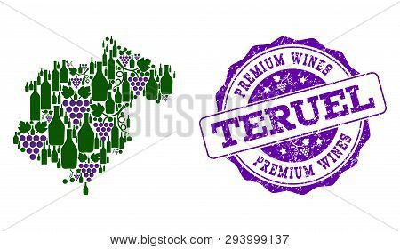 Vector Collage Of Grape Wine Map Of Teruel Province And Purple Grunge Seal For Premium Wines Awards.