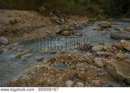 Sulphurous River At Lavino In Autumn In Abruzzo In Italy