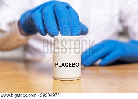 Placebo In White Jar For Pills Inscription. Psychological Method Of Treatment.
