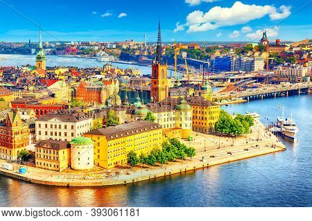 Beautiful Aerial View Of Stockholm Old Town Gamla Stan From The City Hall Stadshuset. Beautiful Summ