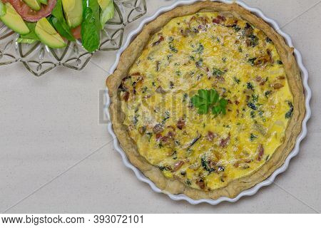 Savou;ry Tart And Salad On The Side, Top View Photo With Copy Space