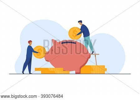 Two Investors Putting Coins In Piggybank. Bank, Money, Income Flat Vector Illustration. Finance And 