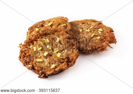Traditional Jewish Latkes Or Potato Pancakes Isolated On White Background