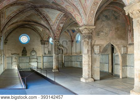 Florence, Italy - February 13, 2019: Basilica Of Santa Maria Novella, The Cloister Of The Dead