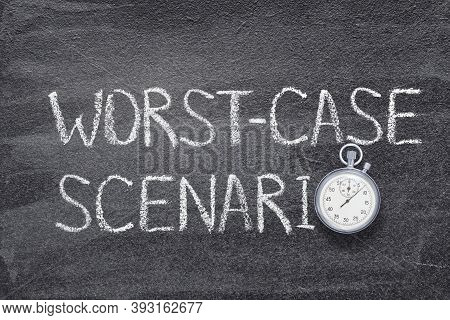 Worst Case Scenario Phrase Written On Chalkboard With Vintage Precise Stopwatch