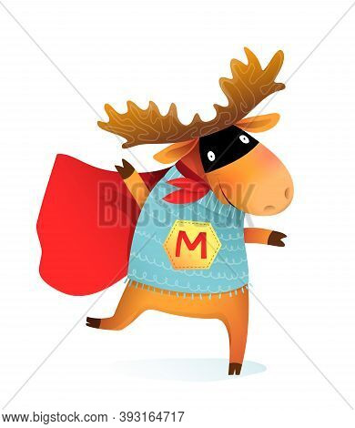 Superhero Elk Moose Or Reindeer Funny Animal Design For Kids. Brave And Silly Animal Character Party