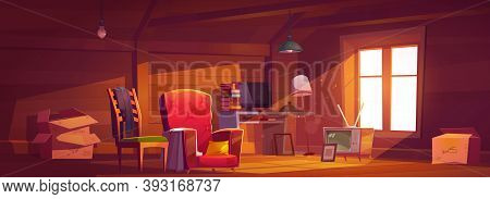 Attic Room With Old Things, Garret With Window, Wooden Walls And Furniture. Cozy Place With Antique 