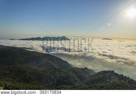 Sunrise Views From The Montcabrer Mountain In A Day With Clouds, Cocentaina.