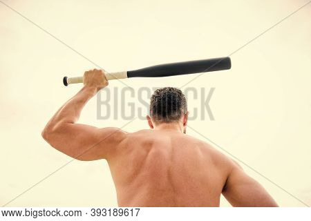 Aggression. Muscular Back Man Isolated On White. I Am A Criminal. Hooligan Man Hits The Bat. Bandit 