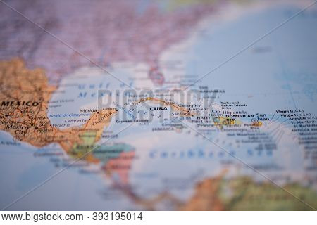 Cuba On A Colorful Map Of The Lucayan Archipelago With Its Main Routes In Red