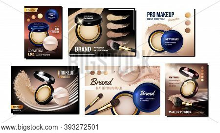Powder Cosmetics Creative Promo Posters Set Vector. Makeup Powder Blank Packages With Puff And Mirro