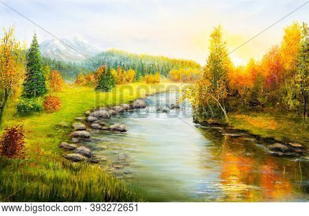 Original  Oil Painting Of Beautifl Autumn Landscape, Forest,mountains  And River  On Canvas.modern I