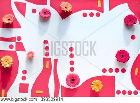 Organic Paper Shapes With Gerbra Flowers. Abstract Geometric Background In Pink And Yellow On White
