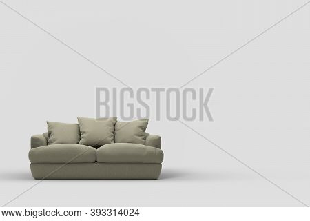 Grey Couch With Pillows On Studio White Background. 3d Rendering And Illustration Of Sofa
