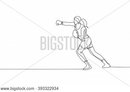 Single Continuous Line Drawing Of Young Agile Woman Boxer Practice Punch Attack The Rival. Fair Comb