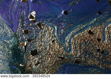 Blue And Gold Abstract Makeup Background With Golden Leafs From Foil.shimmer Backdrop.beautiful Stai