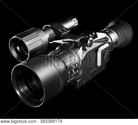 Night Vision Riflescope With Infrared Emitter On A Black Background
