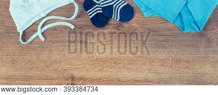 Blue Clothing For Newborn Baby Boy, Concept Of Expecting For Kids And Extending Family, Place For Te