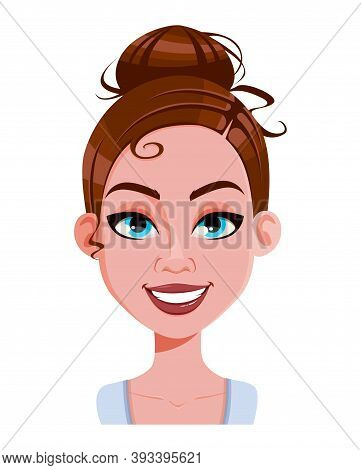 Stock Vector. Face Expression Of Beautiful Woman, Cheerful. Female Emotion. Cute Cartoon Character I