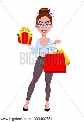 Stock Vector. Young Beautiful Business Woman Went Shopping. Cute Businesswoman Cartoon Character In 