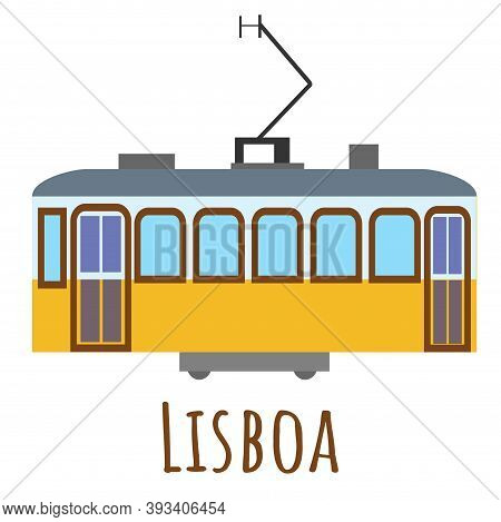 Flat Style Vintage Yellow Tram, Symbol Of Lisboa. Landmark Icon For Travelers. Vector Illustration I