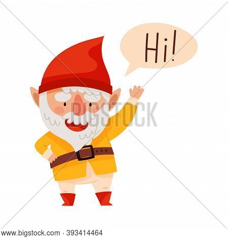 Smiling White Bearded Gnome Character With Red Pointed Hat Waving Hand Greeting Vector Illustration