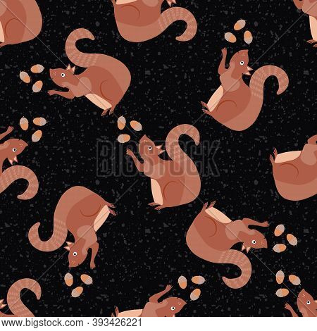 Cute Squirrel Juggling Acorns Seamless Pattern Background. Red Brown Woodland Animals Throwing Nuts 