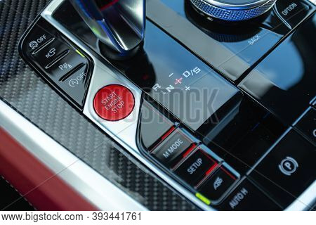 Car Engine Push Start Stop Button Ignition Remote Starter. Car Dashboard:   Red Engine Start Stop Bu