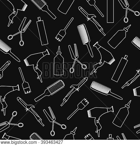 Black And White Hairdresser Tools Seamless Pattern With Curling Iron, Hair Blow, Comb, Bruh And Hair