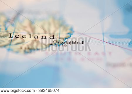Shallow Depth Of Field Focus On Geographical Map Location Of Mount Oraefajokull In Iceland Europe Co