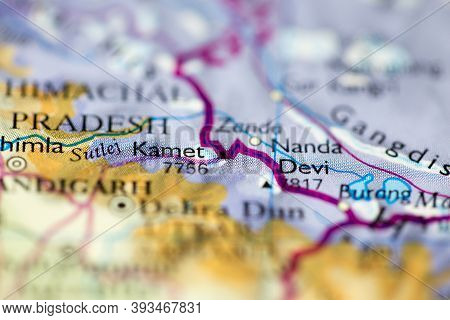Shallow Depth Of Field Focus On Geographical Map Location Of Mount Kamet In India Asia Continent On 
