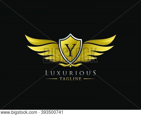 Luxury Wings Logo With Y Letter. Elegant Gold Shield Badge Design For Royalty, Letter Stamp, Boutiqu