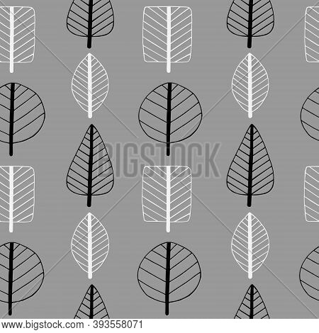 Simple Doodle Leaves Seamless Pattern, Vector Stylized Leaves In Scandinavian Style.background For P