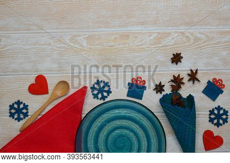 Empty Turquoise Ceramic Plate Top View, Flat Lay, Moc Kup Or Copy Space Text, Festive Food Concept F