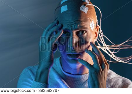 Man With Electrodes In His Head Screams In Horror, A Polygraph Lie Detector Test, Memory Erasure