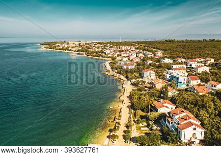 Aerial Top View Of Village Petrcane, Croatia. Touristic Background With Blue Sea, Coastline And Red 