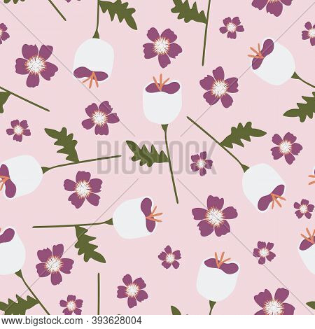 Vector Pink, Purple, And Green Tossed Floral Seamless Repeating Pattern Background. Perfect For Fabr