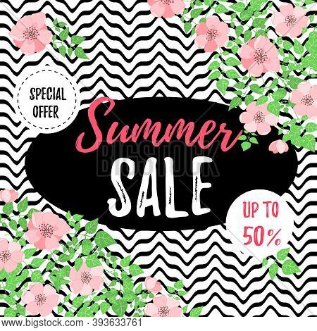 Summer Sale Banner With Dog-rose Flowers. Design For Advertising Banners, Labels, Posters, Web Prese