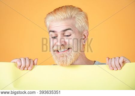 Man Holding Card, Man With Banner, Isolated Yellow Background, Man Showing Empty Card
