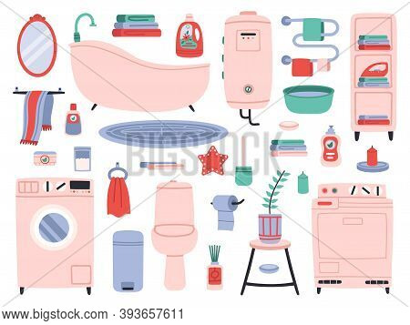 Bathroom Interior. Bath Tools, Toilette Utensils, Bathtub, Toilet, Washer And Dryer. Bathroom Interi