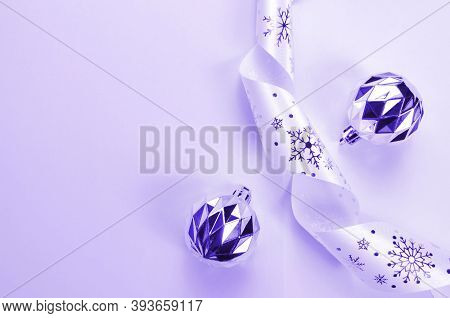Spiral Ribbon  With  Christmas Pattern,  Snowflakes, Silver Balls Invitation, Paper. Place For Text.