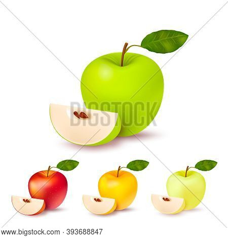 Set Of Four Isolated Realistic Apples Of Different Colour Pearmain Each With Green Leaf And Segment 