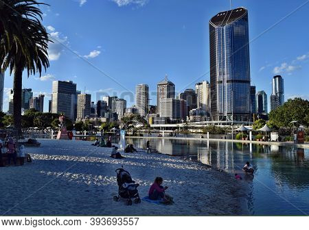 The South Bank Brisbane, Beach In City Centrum With People And Tall Modern Glass Skyscrapers 1 Willi