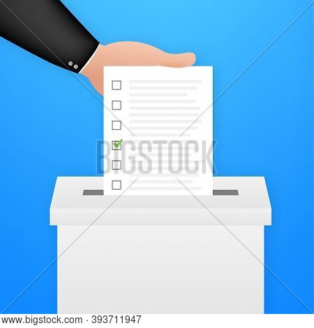 Hand Puts Vote Bulletin Into Vote Box. Voting Concept. Ballot Box. Vector Stock Illustration.