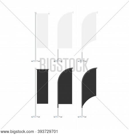Beach Flag Stand Empty Template Mockup Set On A Grey. Vector Stock Illustration.