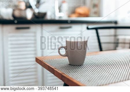Hot Cup Of Tea Or Coffee, Cocoa On Wood Table In Kitchen Background. Good Morning Wake Up Concept
